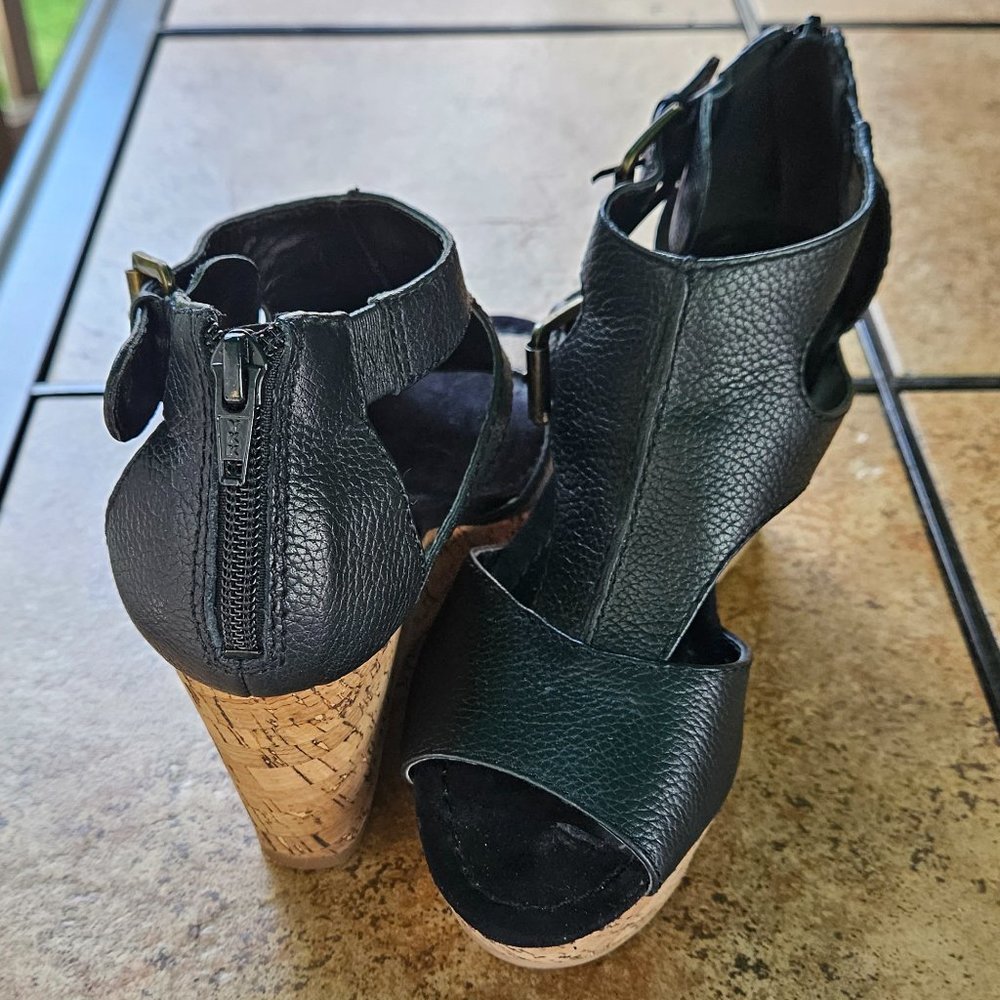 Platform Shoes, Black w/ 3 1/2" Cork Heel with Heel Zipper, Nine West - Size 5